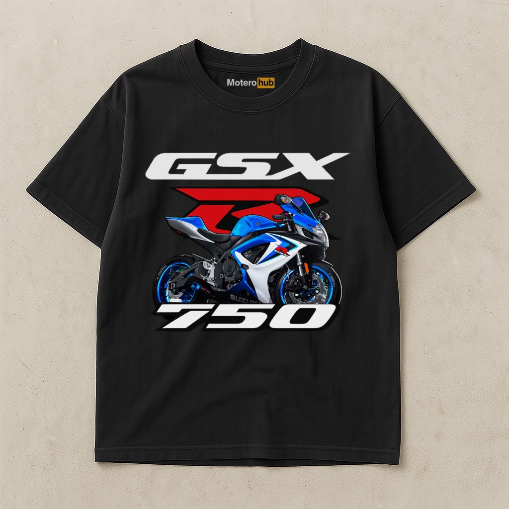 Camiseta negra Suzuki GSX-R750 con diseño de moto deportiva racing