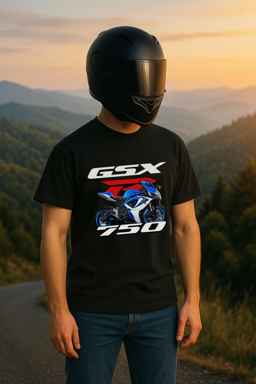 Modelo motero con camiseta negra Suzuki GSX-R750 estilo racing