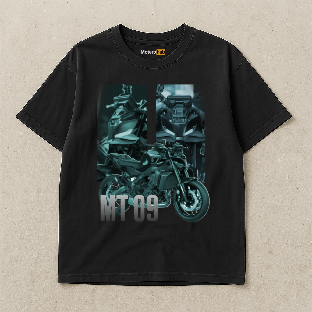 Camiseta negra con diseño gráfico de moto MT 09