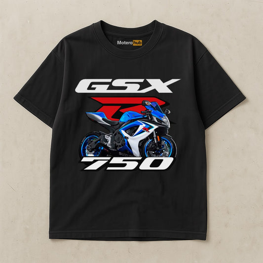 Camiseta negra Suzuki GSX-R750 con diseño de moto deportiva racing