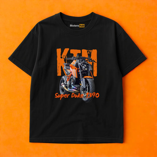 Camiseta negra KTM Super Duke 1390 con diseño de moto naked deportiva naranja